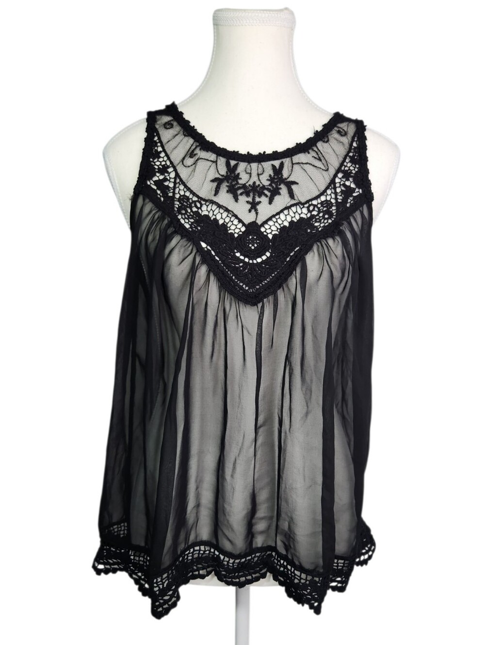 Panhandle Slim Black Sheer Lace Crochet Boho Tank Top Sleeveless Festival Small